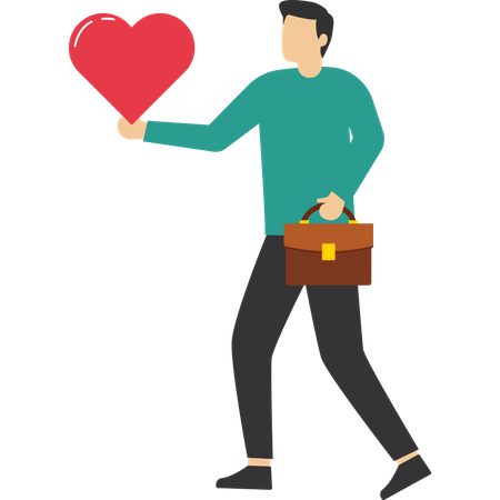 Feliz empresário segurando formato de coração apaixonado caminhando para o trabalho  Ilustração