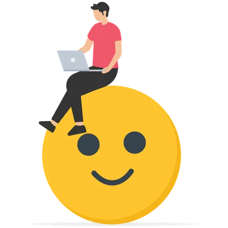 Feliz hombre de negocios trabajando con computadora en la cara sonriente  Ilustración