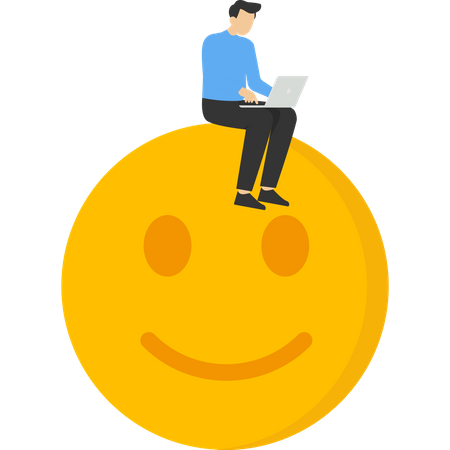 Feliz hombre de negocios trabajando con computadora portátil a través de un emoticono sonriente con metáfora de humor feliz  Ilustración