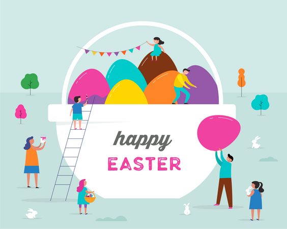 Feliz escena de Pascua con familias y niños.  Ilustración