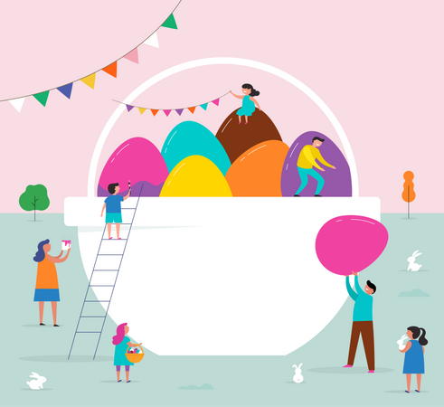 Feliz escena de Pascua con familias y niños.  Ilustración