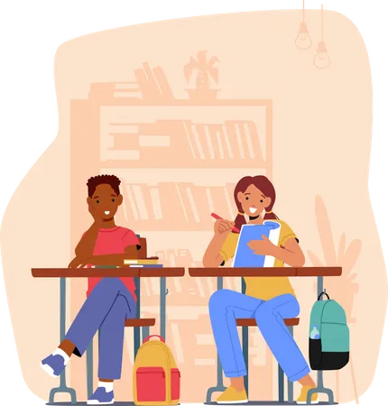 Menino e menina felizes da escola sentados na mesa estudando em sala de aula  Ilustração