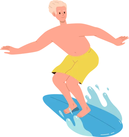 Feliz desportista surfando a bordo, pegando e quebrando ondas do mar ou do oceano  Ilustração