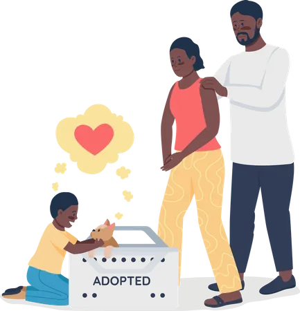 Feliz familia afroamericana con perro adoptado  Ilustración