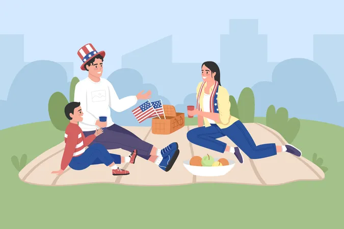 Feliz familia americana celebra el Día de la Independencia  Ilustración