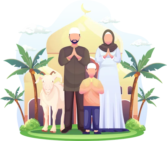 Família muçulmana feliz celebrando Eid Al Adha  Ilustração