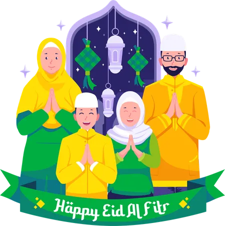 Feliz família muçulmana e cumprimentando e celebrando o Eid  Ilustração