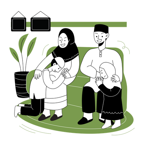 Família muçulmana feliz sentada na sala de estar  Ilustração
