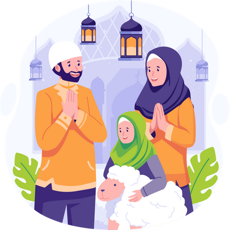 Feliz familia musulmana saludando a Eid Al Adha  Ilustración