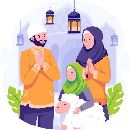 Feliz familia musulmana saludando a Eid Al Adha  Ilustración