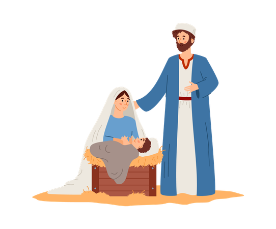 Feliz família sagrada José e Maria com o recém-nascido Jesus  Ilustração