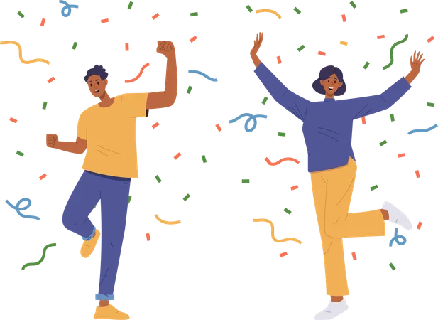 Feliz homem e mulher festejando pulando sob a chuva de confetes comemorando  Ilustração