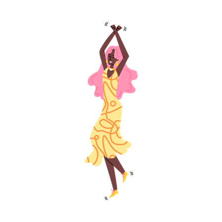 Feliz garota de pele escura dançando em vestido de verão e sorrindo  Ilustração