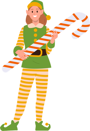 Feliz e sorridente garota elfa personagem ajudante de Papai Noel segurando bastão de doces doce e saborosa sobremesa de Natal  Ilustração