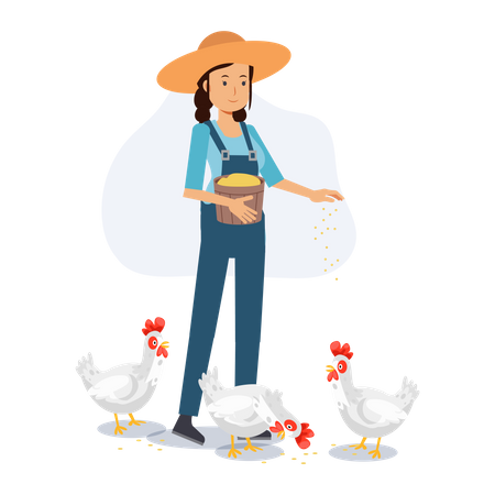 La granjera feliz está alimentando pollo  Ilustración