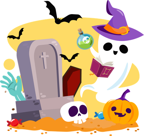 Feliz Halloween con fantasma con sombrero de bruja y personajes de halloween  Ilustración