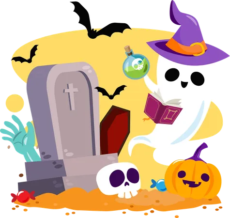 Feliz Halloween con fantasma con sombrero de bruja y personajes de halloween  Ilustración