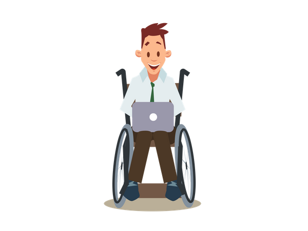 Homem com deficiência feliz trabalhando em cadeira de rodas no laptop  Ilustração