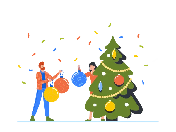 Homem e mulher felizes decorando árvore de Natal colocam bolas no galho  Ilustração