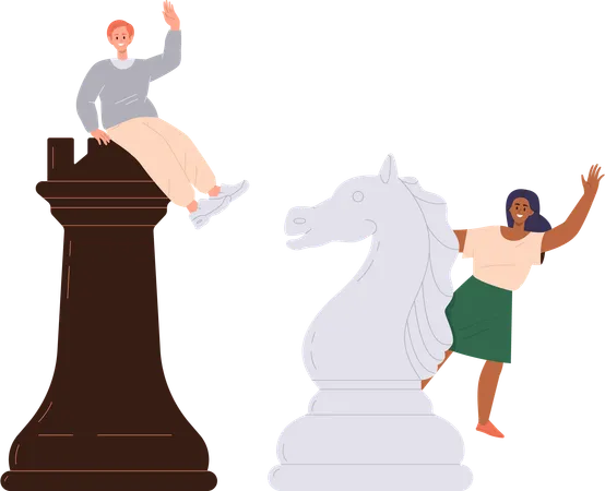 Homem feliz e mulher jogando figura gigante de xadrez  Ilustração