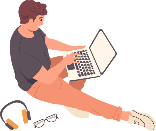 Freelancer masculino feliz trabalhando no laptop  Ilustração