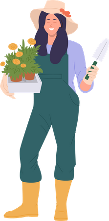 Jardineira feliz cultivando flores em vaso  Ilustração