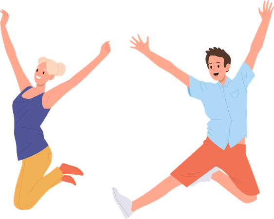 Feliz jovem e mulher pulando sentindo emoção positiva torcendo alegremente  Ilustração