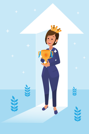 Feliz jovem grande mulher corporativa isolada fez seu trabalho como visão e missão e comemorando, sucesso de liderança e conceito de progresso de carreira, ilustração vetorial plana, linda garota de negócios.  Ilustração