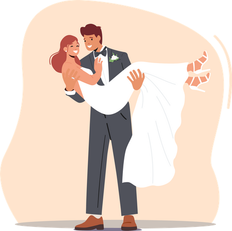 Jovem noivo feliz leva a noiva nas mãos até o altar durante a cerimônia de casamento  Ilustração