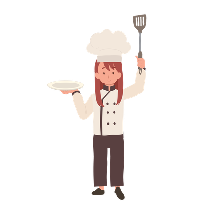 Feliz joven chef con delantal y sombrero para servir  Ilustración