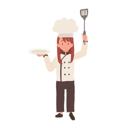 Feliz joven chef con delantal y sombrero para servir  Ilustración