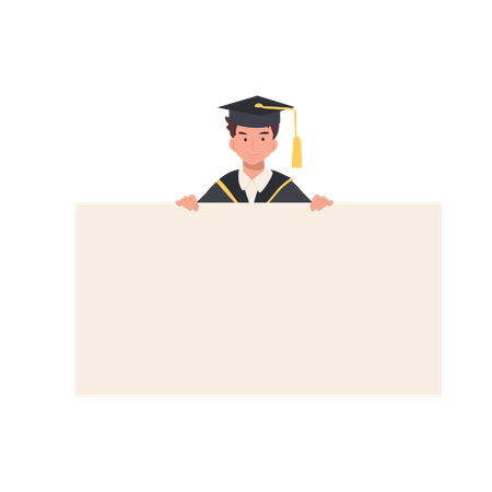 Feliz joven graduado con cartel de tablero  Ilustración