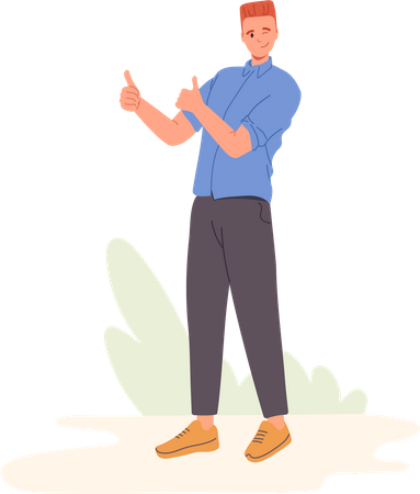 Feliz joven guiñando un ojo mostrando los pulgares hacia arriba con las dos manos  Ilustración
