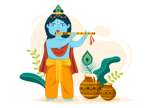 Feliz Krishna Krishna tocando flauta  Ilustração