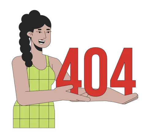 Mulher latina feliz segurando mensagem flash de erro 404  Ilustração