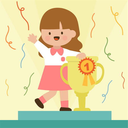 Feliz linda niña parada en el escenario con trofeo de oro  Ilustración