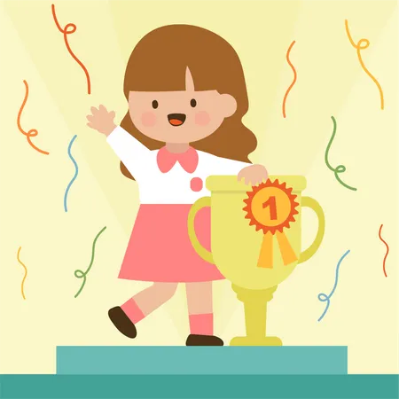 Feliz linda niña parada en el escenario con trofeo de oro  Ilustración