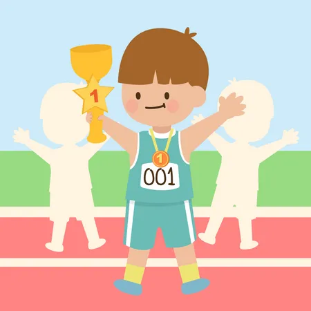 Niño lindo feliz sosteniendo el trofeo de oro  Ilustración