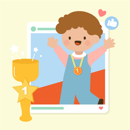 Un niño lindo y feliz sosteniendo un trofeo de oro y publicando en las redes sociales  Ilustración