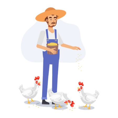 Feliz fazendeiro masculino está alimentando frango  Ilustração