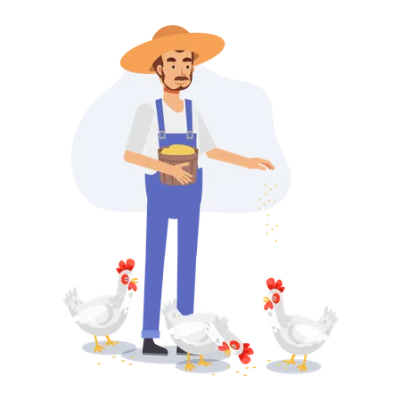 Feliz fazendeiro masculino está alimentando frango  Ilustração