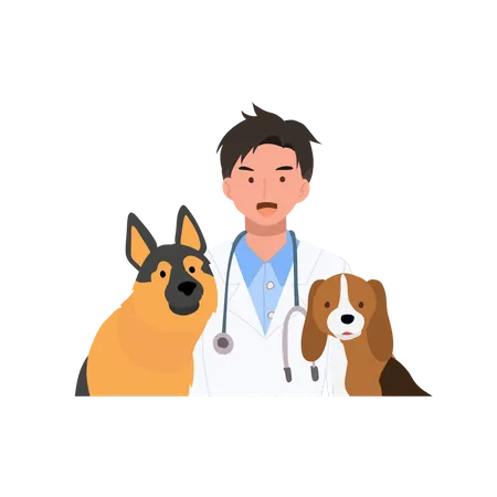 Conceito De Tratamento De Animais Domesticos Medico Veterinario Sorridente Com Caes Feliz Veterinario Masculino Ilustracao De Desenho Animado Vetorial Plano Ilustração