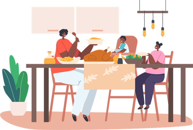 Feliz mãe africana e crianças jantando à mesa com comida  Ilustração