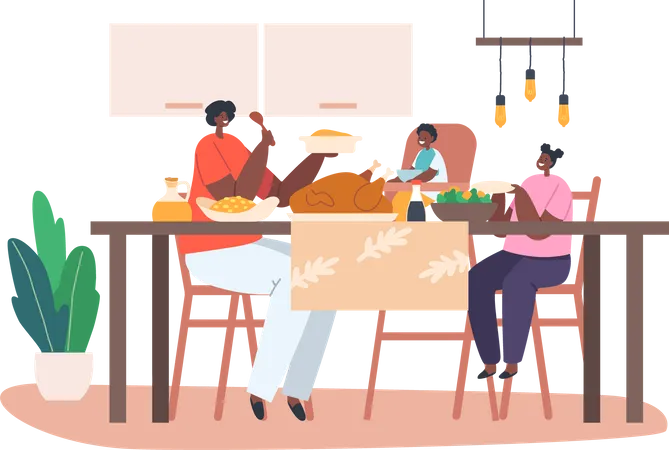 Feliz mãe africana e crianças jantando à mesa com comida  Ilustração