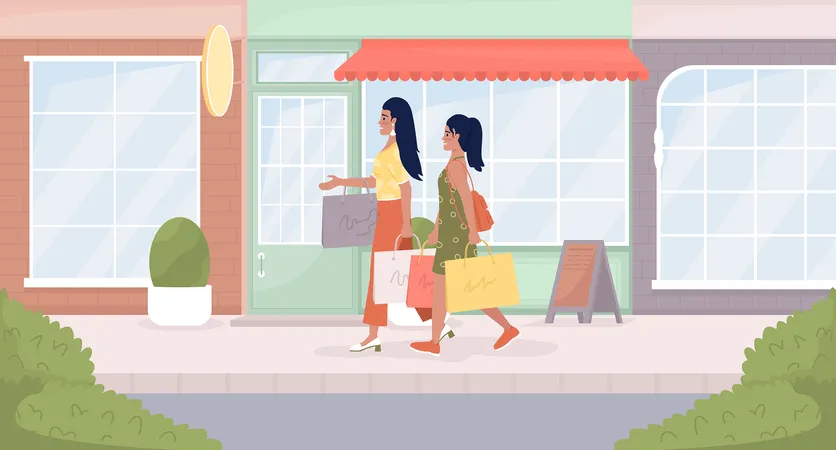 Feliz mamá e hija con bolsas de compras  Ilustración