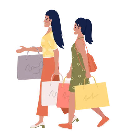 Feliz mamá e hija con bolsas de compras  Ilustración