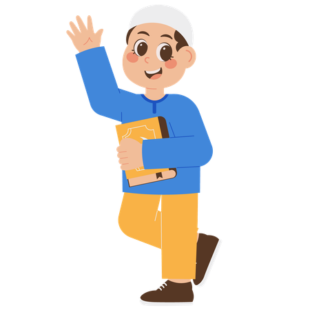 Feliz menino muçulmano segurando o Alcorão  Ilustração