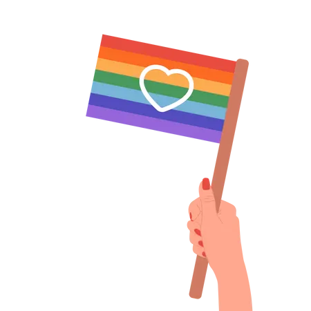 Feliz Conceito Do Mes Do Orgulho Parada Gay Mao Feminina Segurando A Bandeira Do Arco Iris LGBT Ilustracao Vetorial Em Estilo Cartoon Plano Postagem De Midia Social Cartao Ou Banner Ilustração