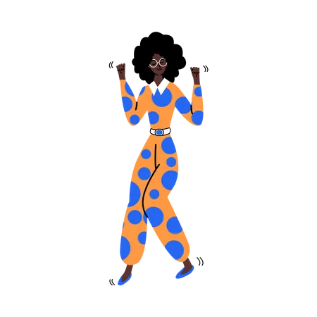 Feliz mujer africana bailando y sonriendo  Ilustración