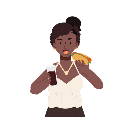 Feliz mujer afroamericana comiendo hot dog  Ilustración
